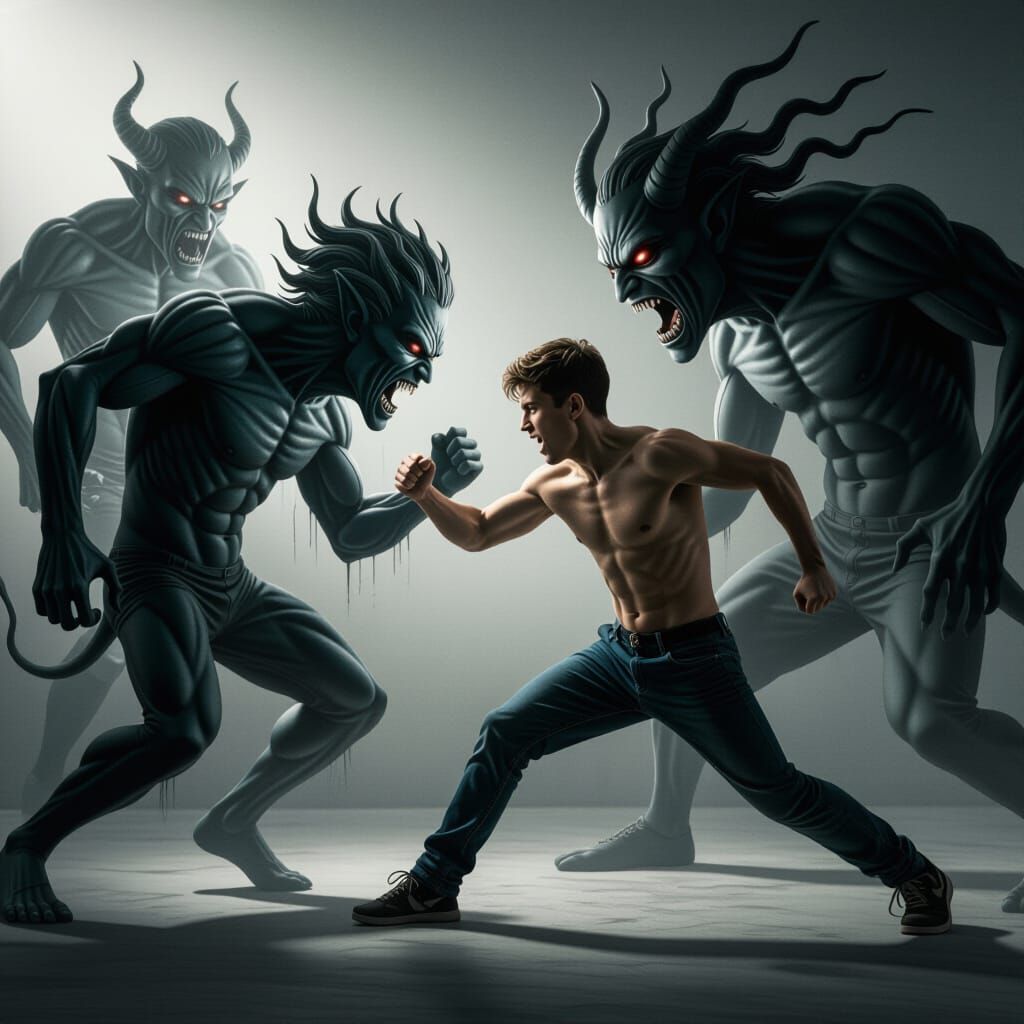 Man Battles Shadow Demons in Hyperrealistic Style