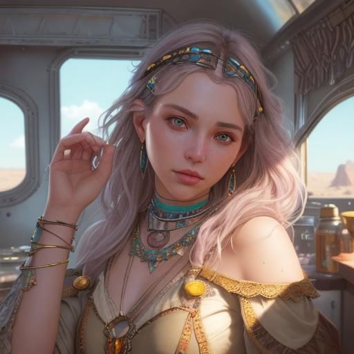detailed pretty romantic boho sits next shiny airstream caravan in the desert, wearing cottagecore outfit with giant ear...