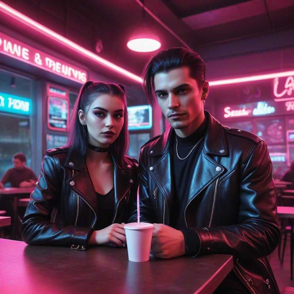 Gothic Couple in Neon Cafeteria Scene