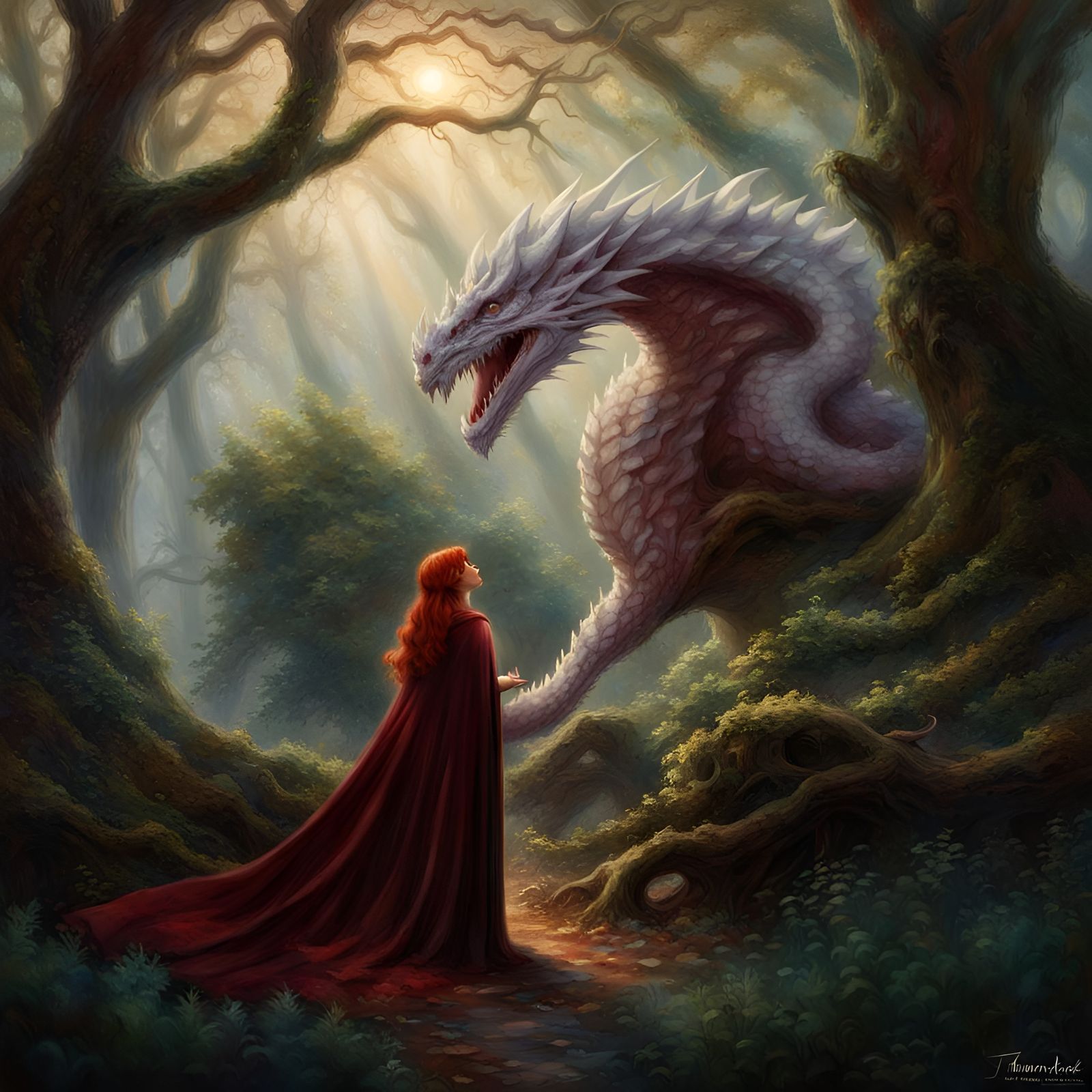 Enchanted Forest: Woman and Dragon in Ethereal Fantasy