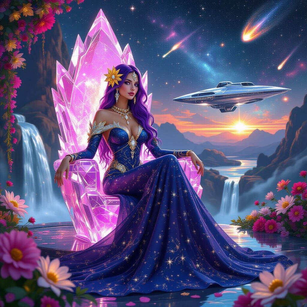 Cosmic Goddess on Crystal Throne in Space