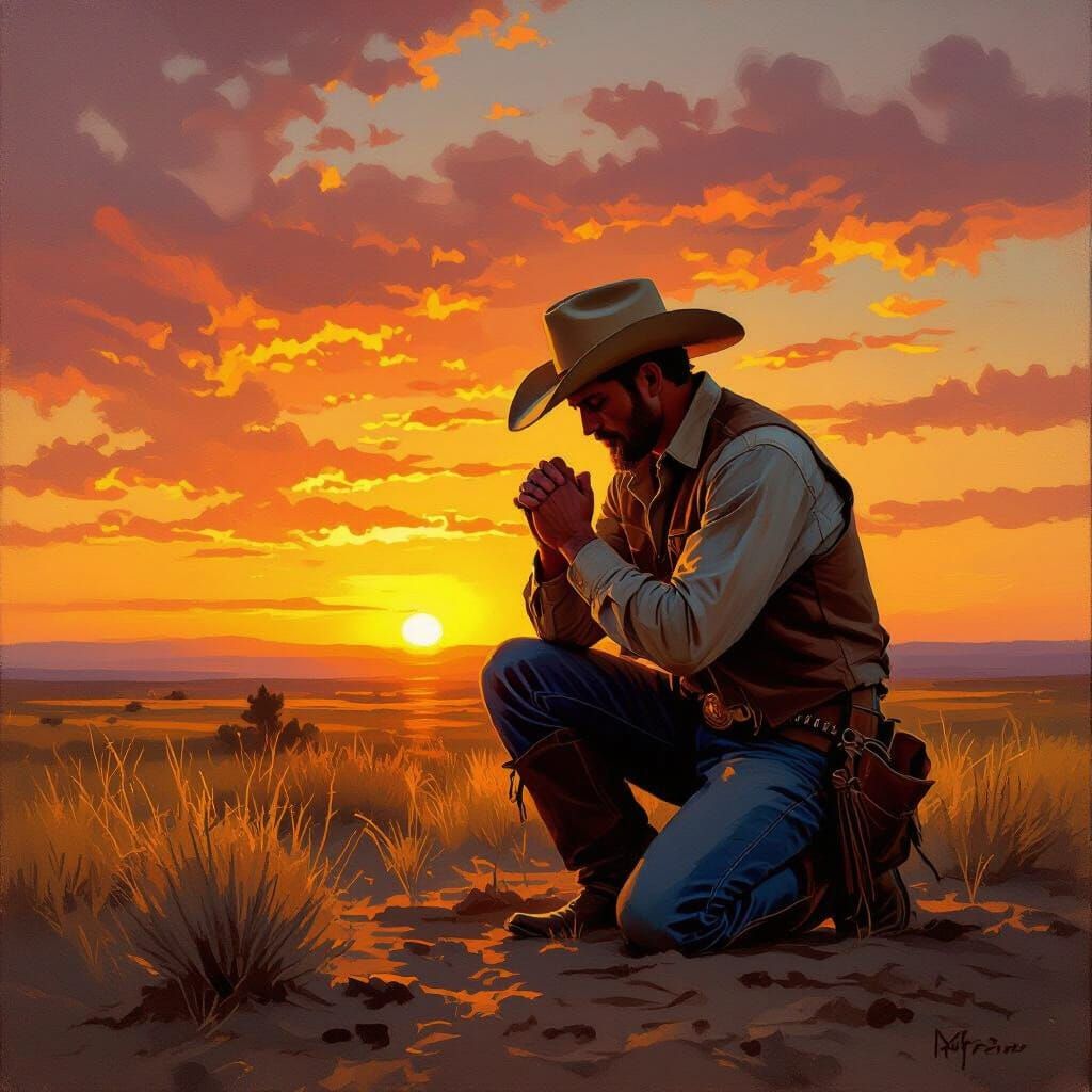 Cowboy Praying at Sunset in Realistic Oil Painting Style