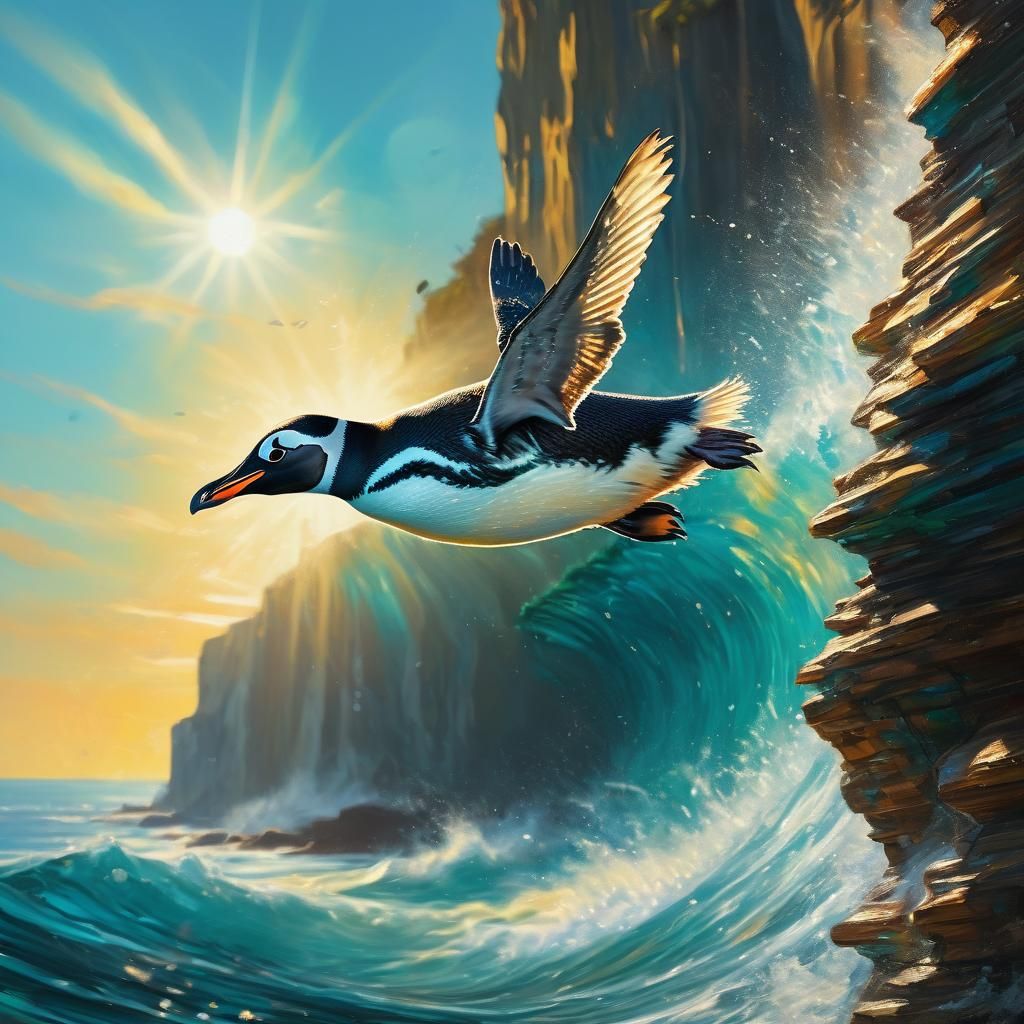 Penguin Cliff Dive: Triadic Colors Oil Painting