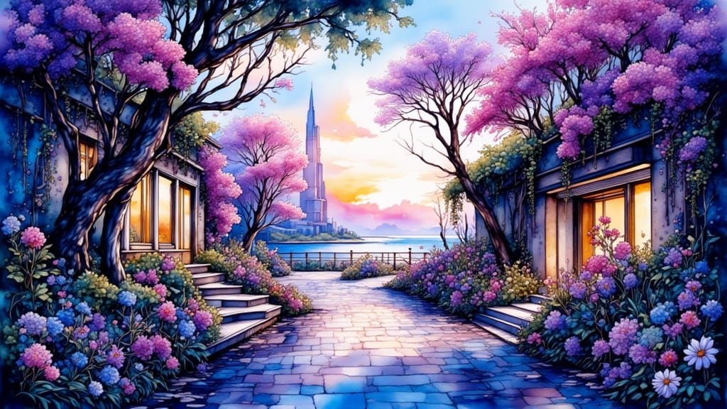 City Street Coastline in Synthwave Art Style