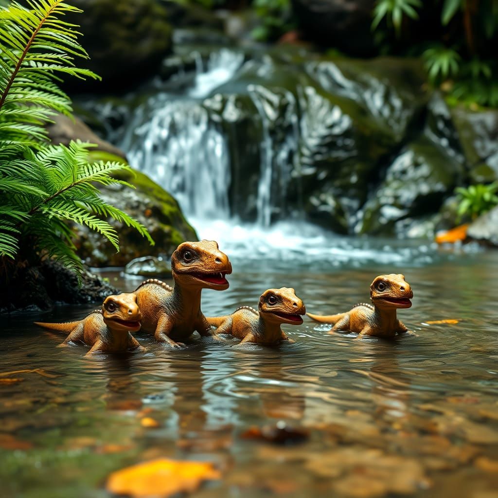 Baby Dinosaurs Bathe by Paradise Waterfall