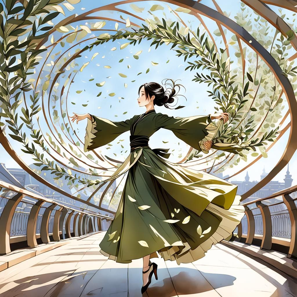 a wind crossed by olive leaves is the skypath that in a a shape of an elegant nineteenth-century dancer petals dance