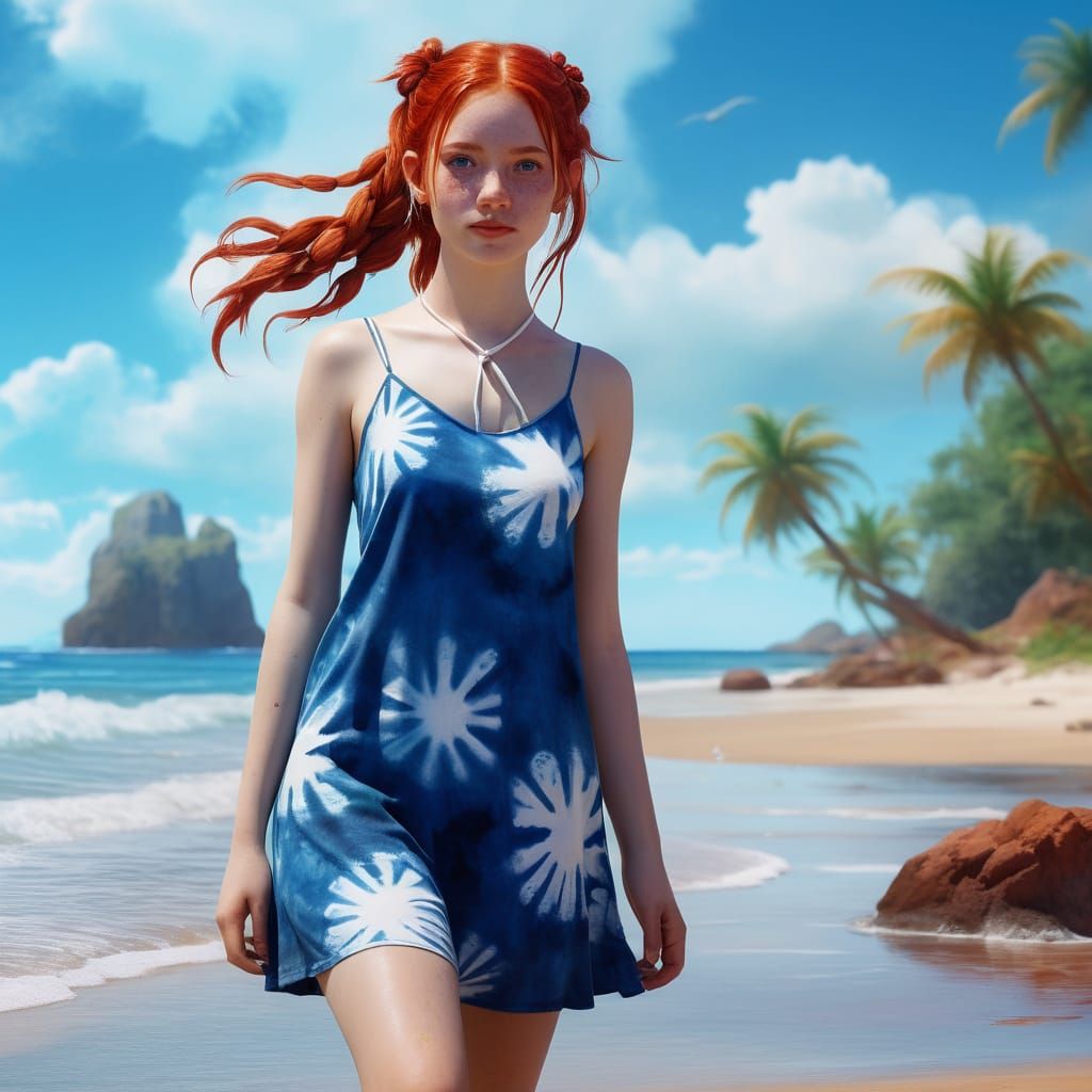 Woman with Red Pigtails at the Beach in Watercolor Style