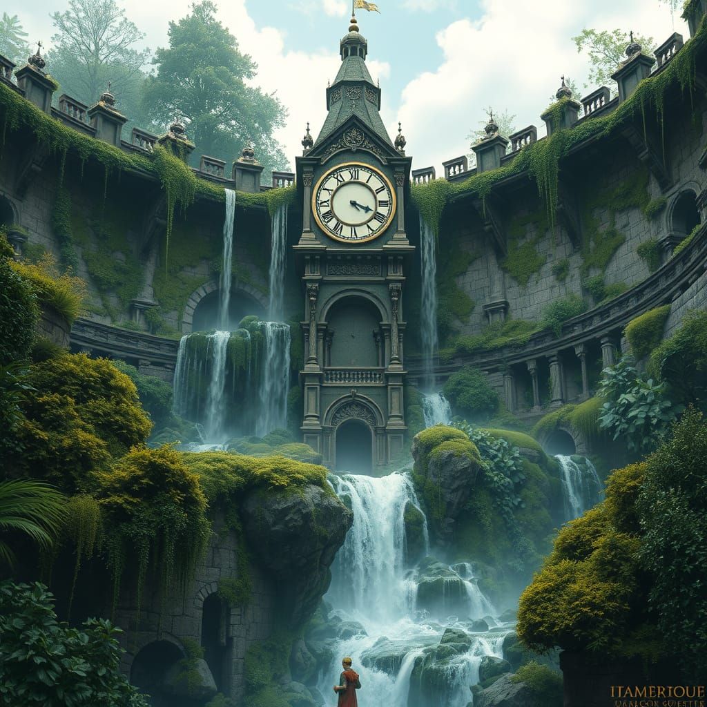 Waterfall Cascading from Ancient Clock Tower