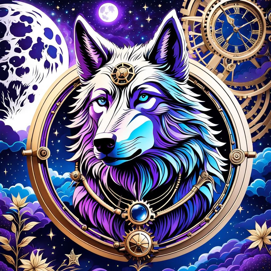 Steampunk Wolf Howling at Moonlit Starry Sky