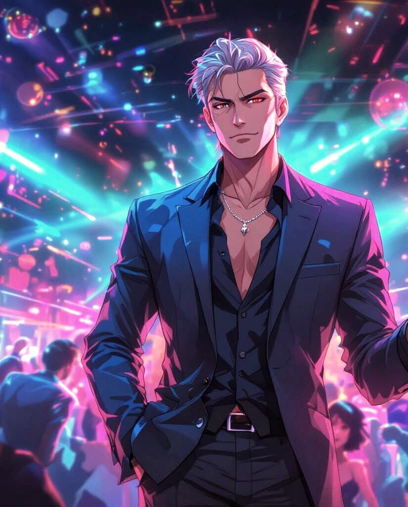 Handsome Anime Man in Neon Nightclub