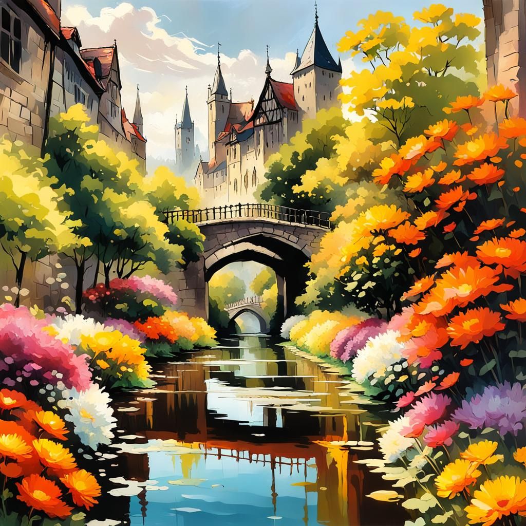 Bavarian City and Chrysanthemum Garden in Gouache Style