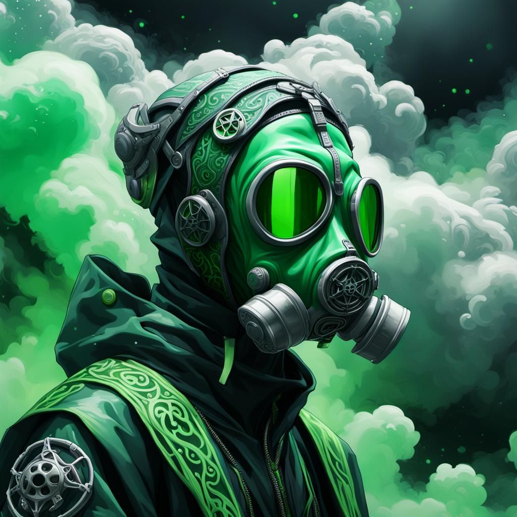 Figure in Gas Mask Amidst Toxic Green Clouds