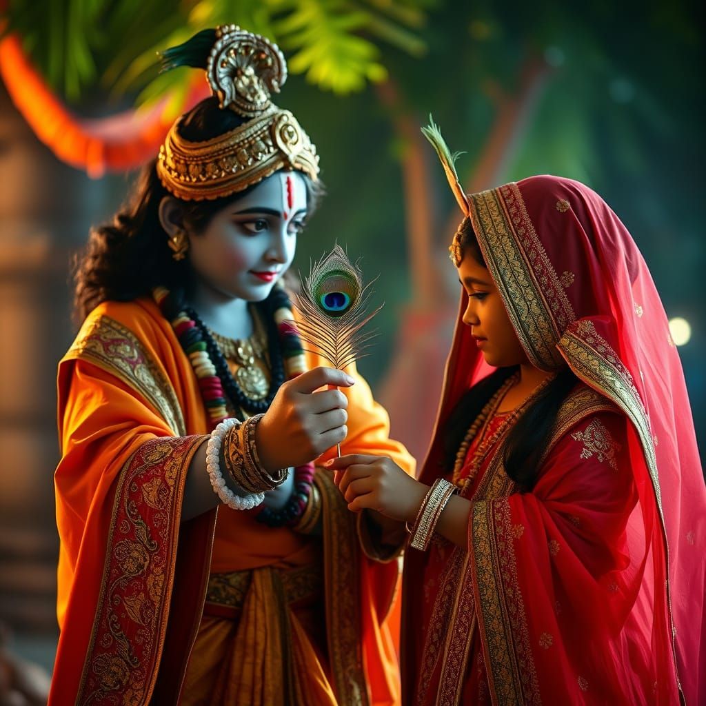 Krishna Gives Radha a Peacock Feather: Cinematic Still