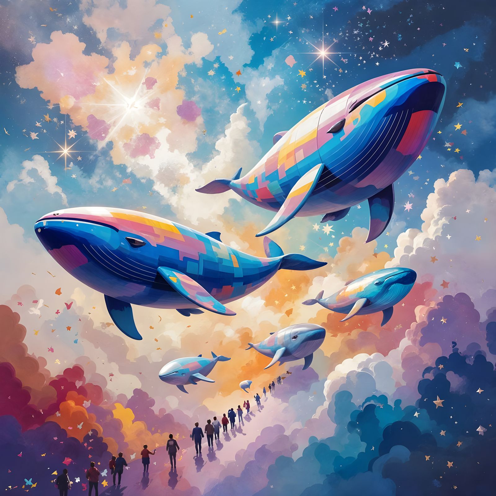 Sky-Whale Parade with Spectral Airships in Abstract Sky
