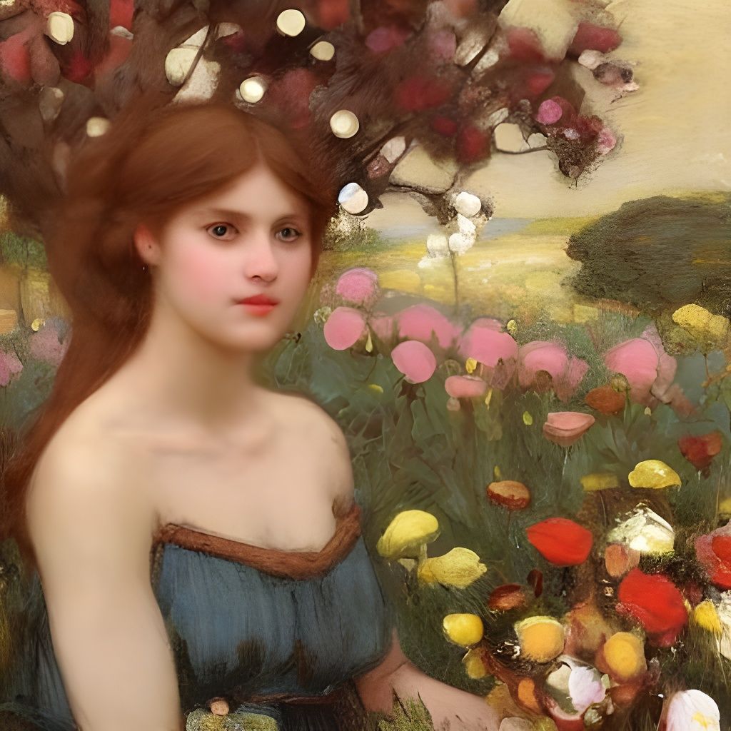 Romantic Portrait in Flower Field, Waterhouse Style