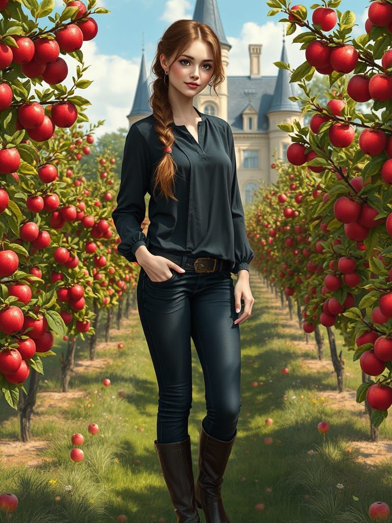 Woman in Apple Orchard, Fantasy Oil Painting Style