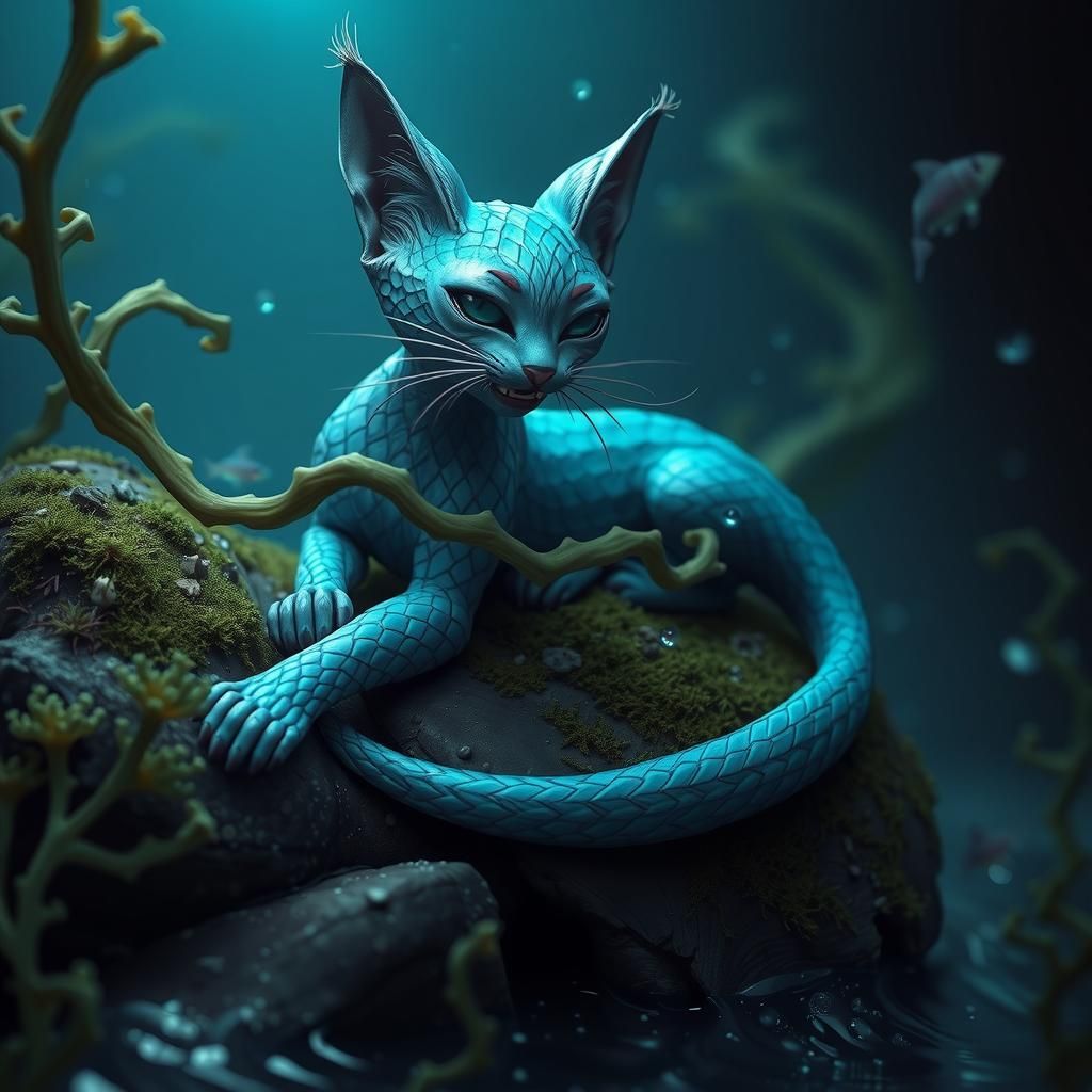 Mermaid Cat with Sharp Teeth in Bioluminescent Underwater Sc...