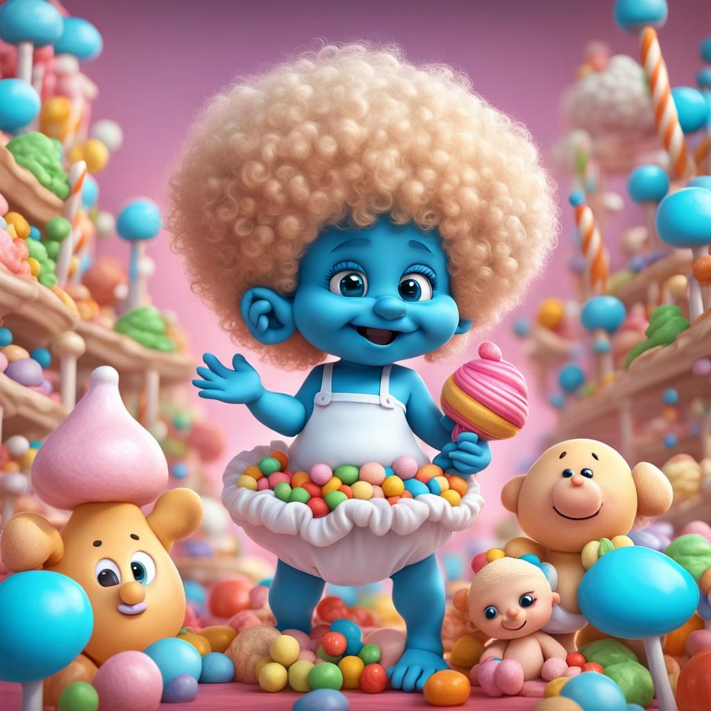 Baby Smurf Girl with Afro in Candy Art Style