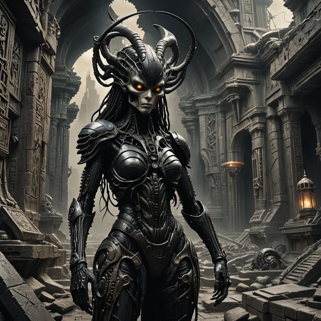 Blackarachnia in a Dark Fantasy Biomechanical Landscape