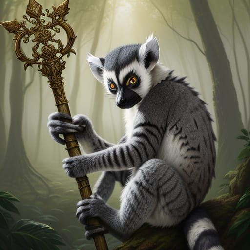 Majestic Lemur King in Misty Forest: Oil Painting
