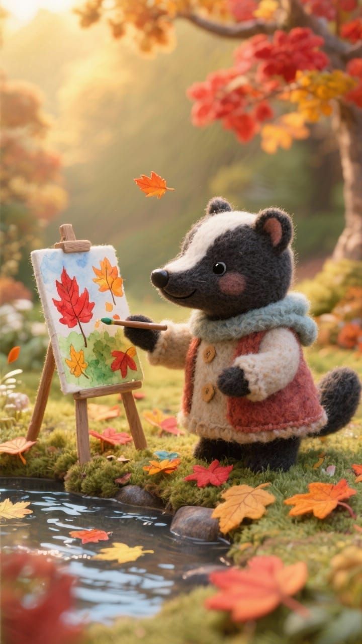 Felt Skunk Paints Autumn Garden Watercolor Scene