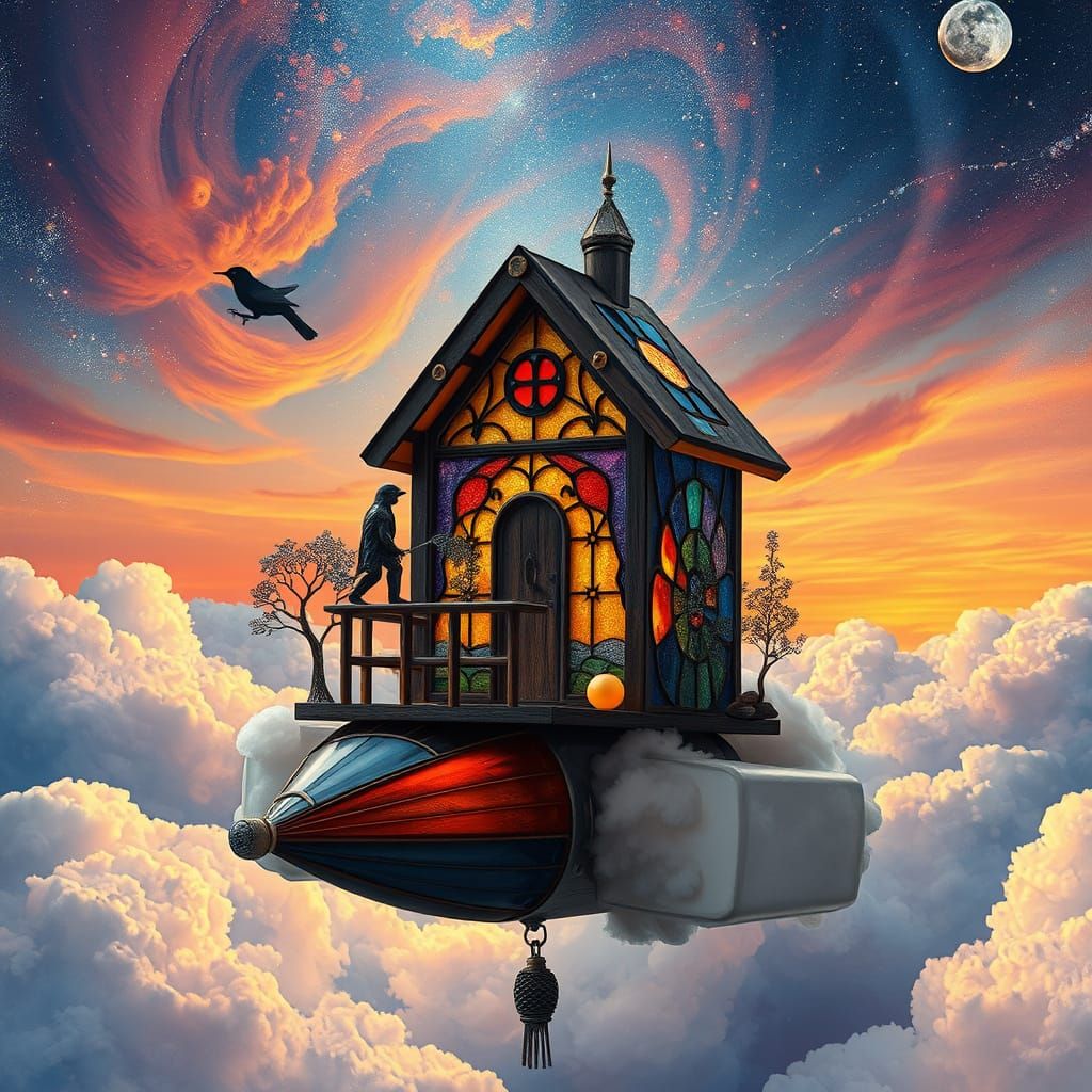 Surreal Birdhouse Spaceship in Ethereal Glass Galaxy