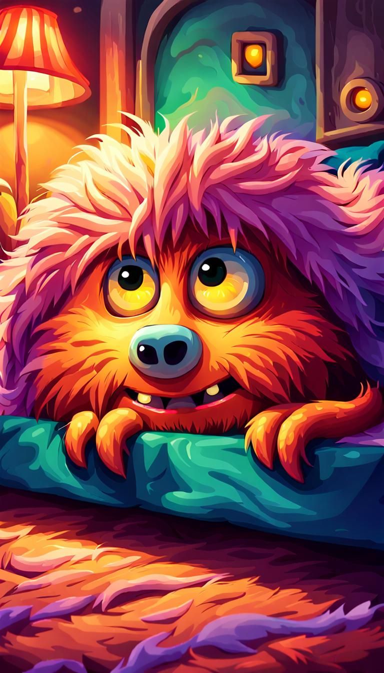 Endearing Monster Peeking from Under Bed in Digital Painting
