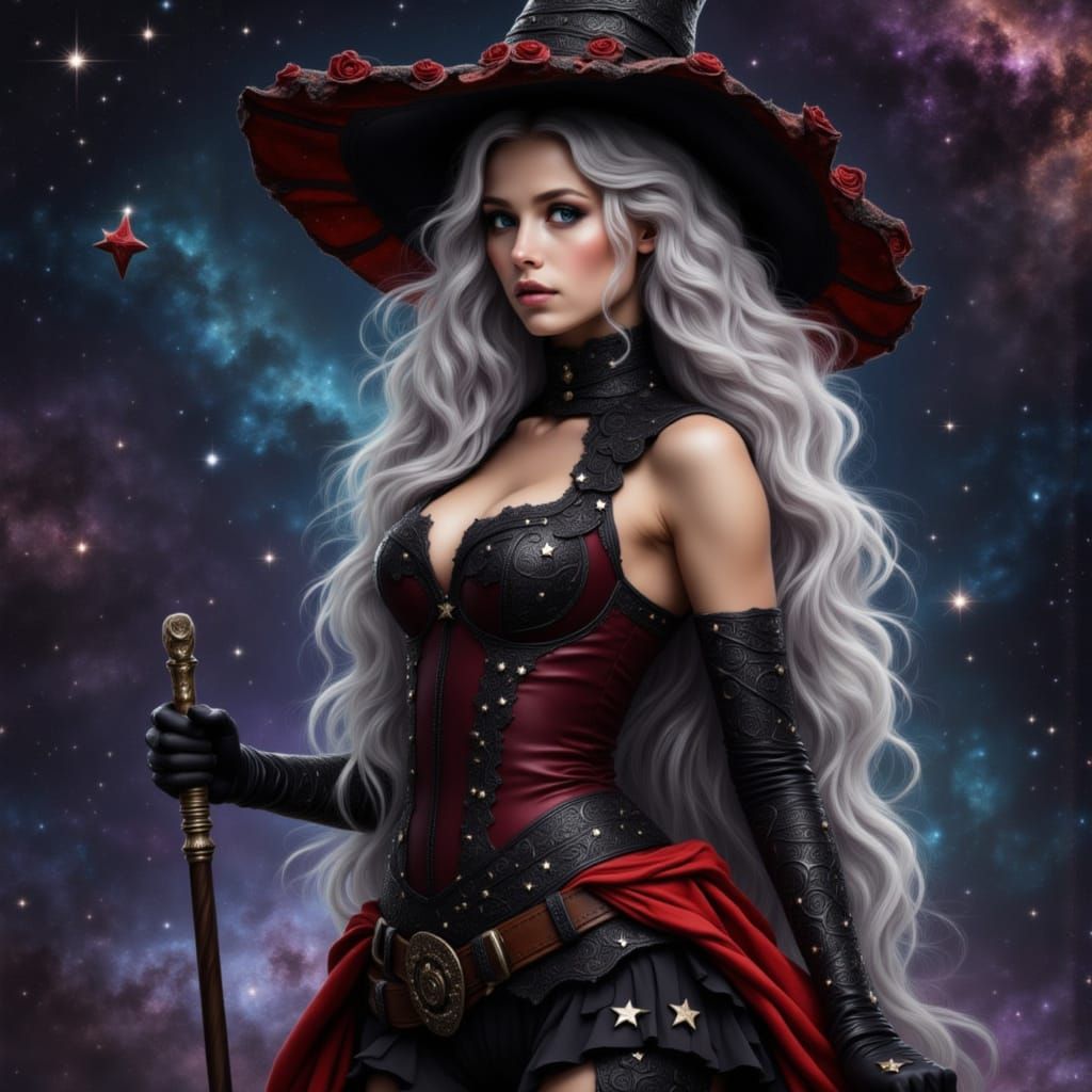 Gothic Witch with Silver Hair and Red Accents