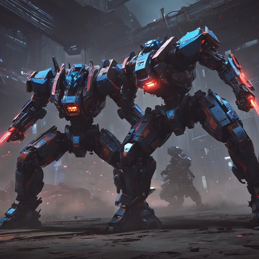 Mecha Battle in Cyberpunk Arena with Energy Weapons