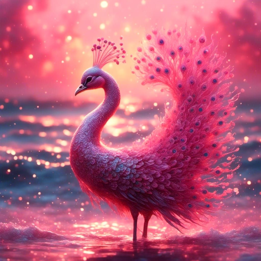 Pink Peacock on Sea Background: Cute Aesthetic