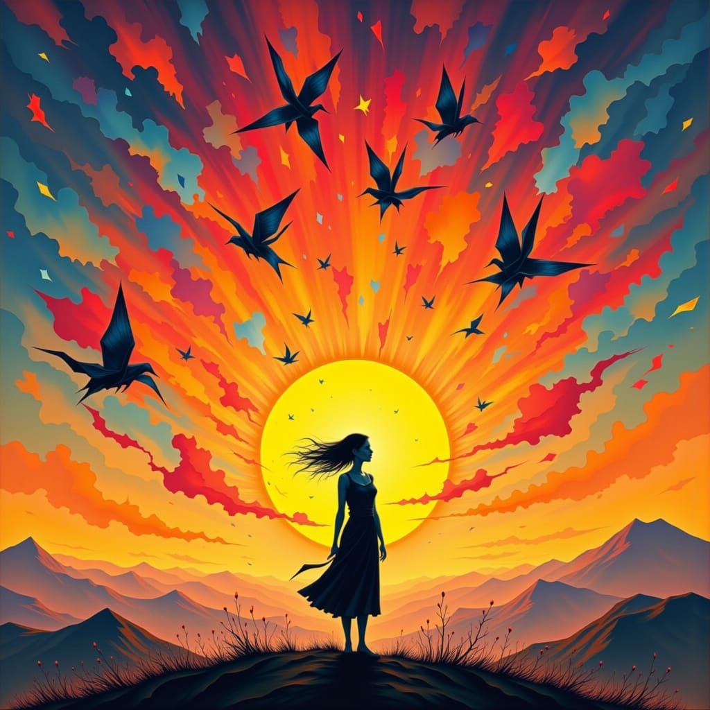 Woman Under Sunset of Origami Birds