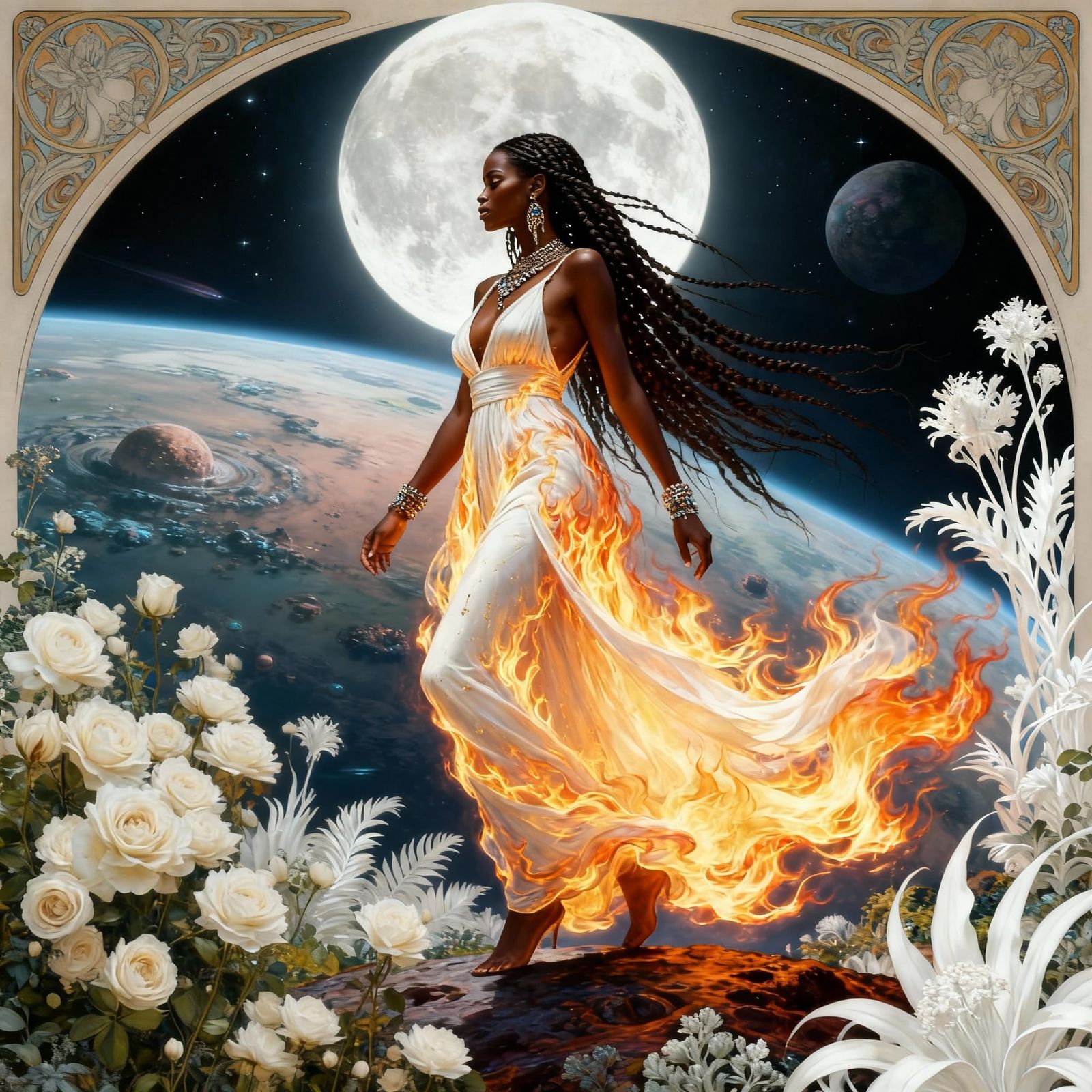 African Goddess on Alien Planet in Fiery Dress