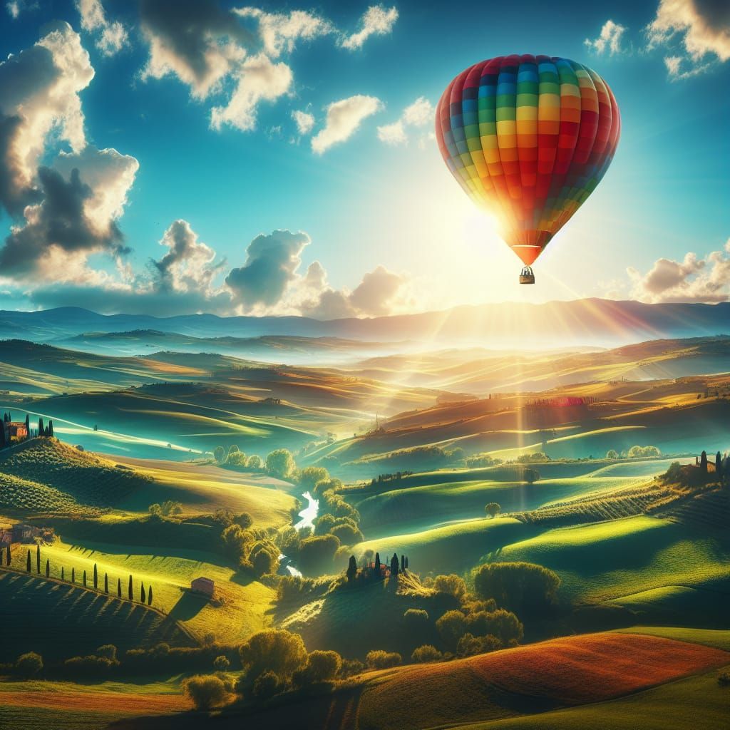 Vibrant Hot Air Balloon Over Serene Landscape