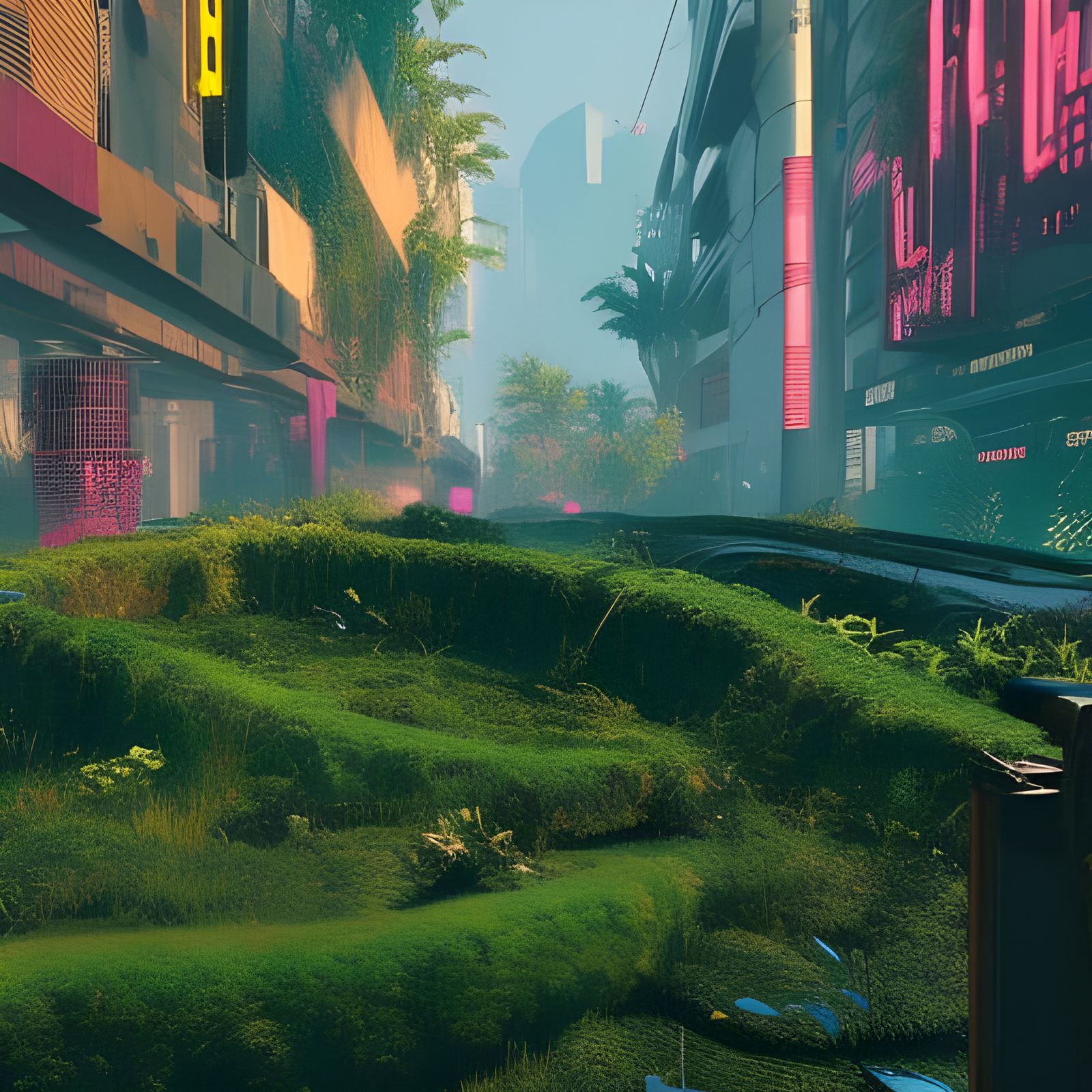 Overgrown city covered in vines and moss
