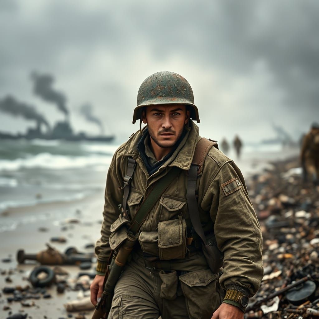 Gritty D-Day Soldier Emerges from Omaha Beach Chaos