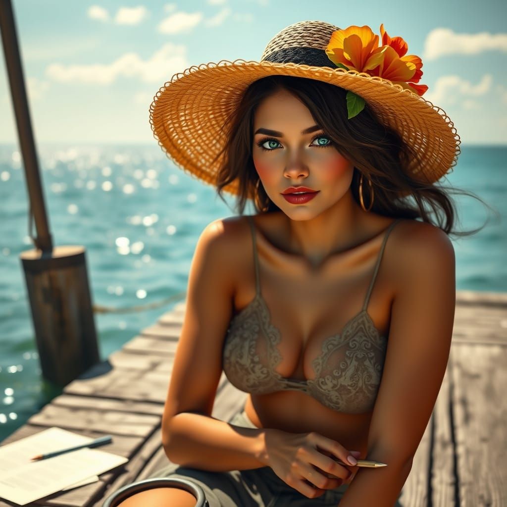 Elegant Brunette on a Tranquil Dock