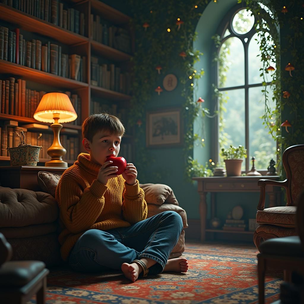 Boy in Drawing Room with Apple: Digital Pointillism