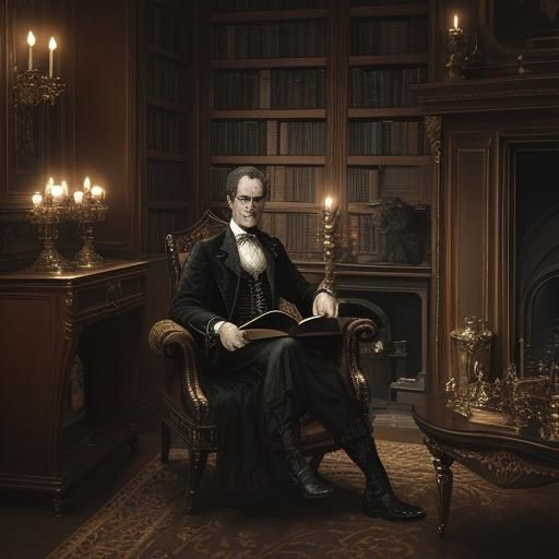 A dimly lit Victorian study filled with ornate furniture and...