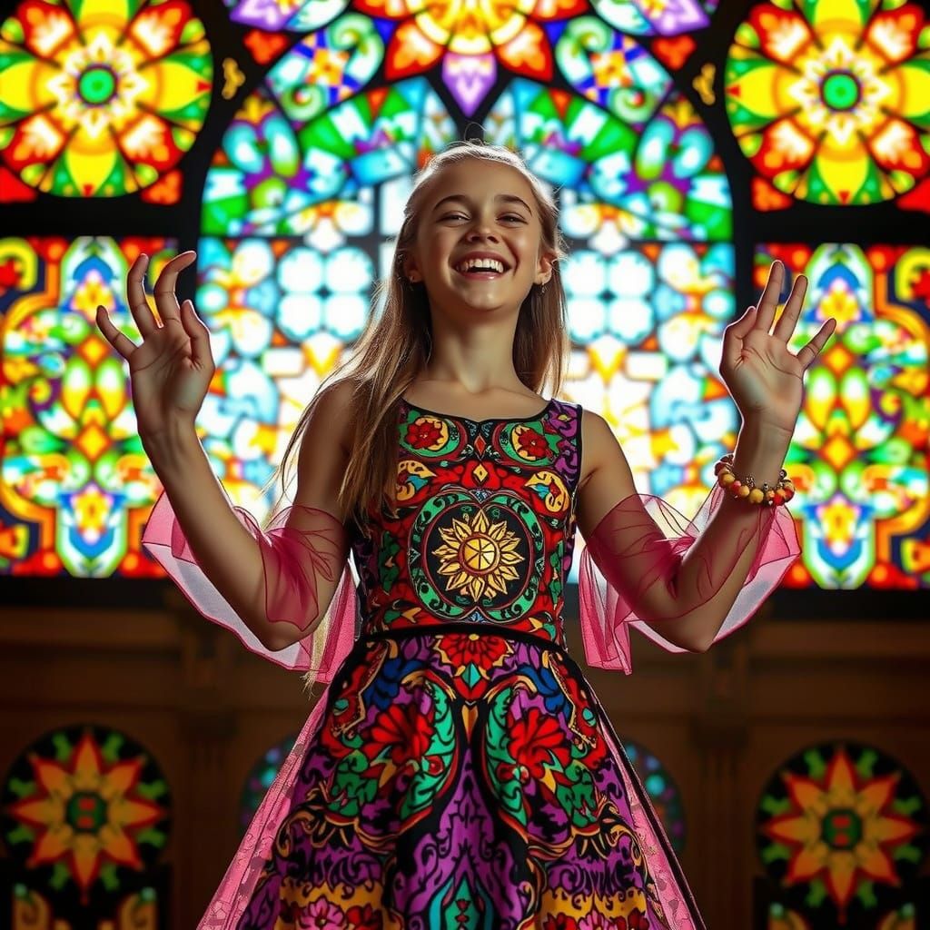 Beautiful Girls Amidst Vibrant Stained Glass Beauty
