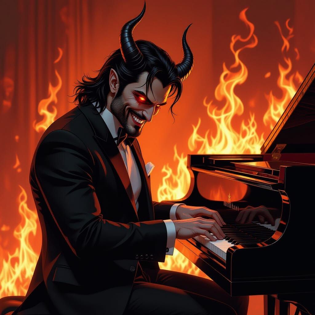 Muscular Lucifer in Suit Plays Piano Amidst Flames
