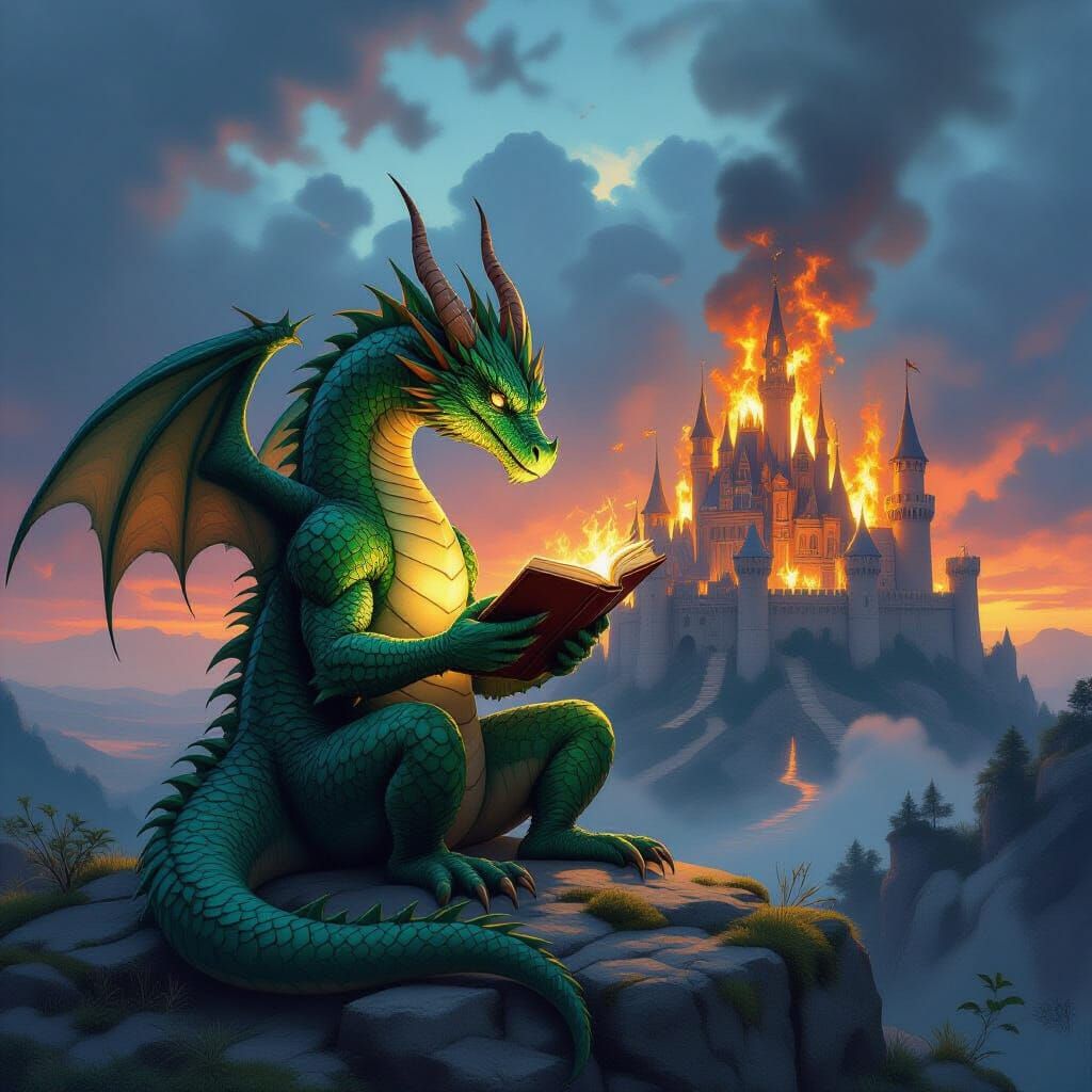 Dragon Reading Ancient Book Before Burning Castle