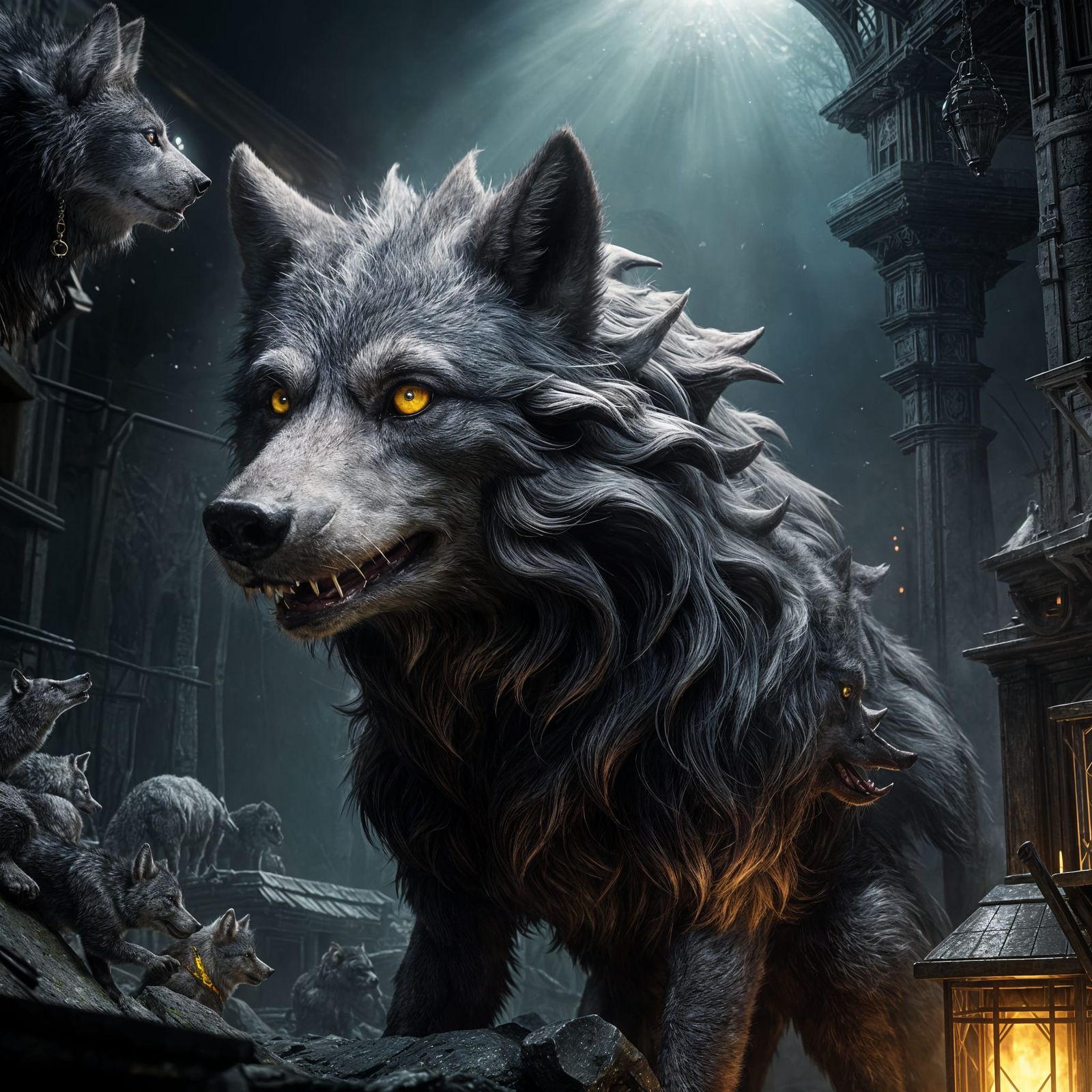 Surreal Dark Fantasy Concept Art of a Wolf Rescuing Three Li...