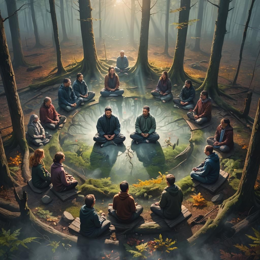 Meditating Circle in Foggy Woods: Hyperrealistic Splash Art