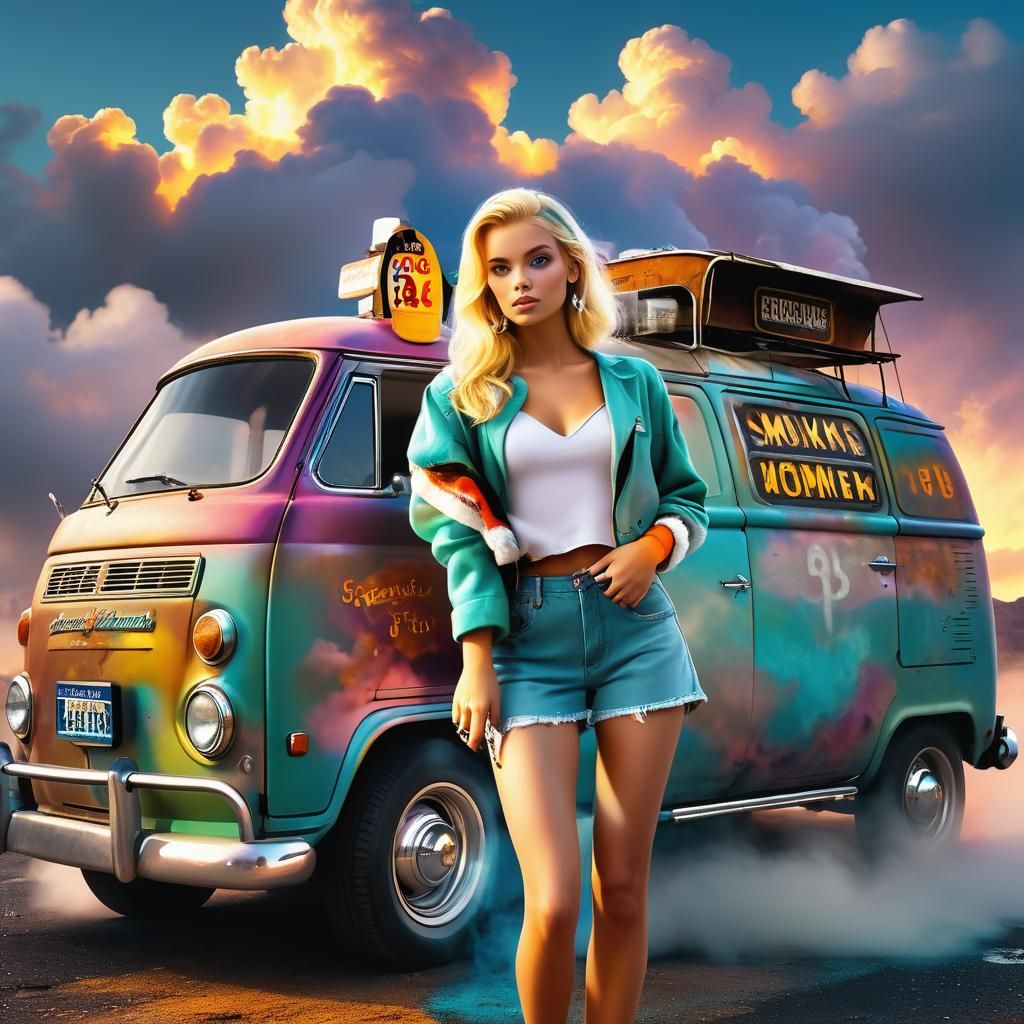 Blonde in Retro Van: Matte Painting Concept Art