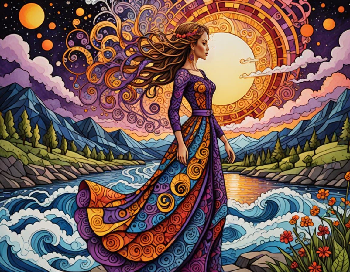Woman in Foam Art Zentangle Dress at Sunset