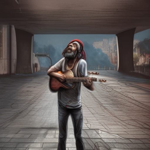 Homeless Guitarist's Music, Detailed Matte Painting