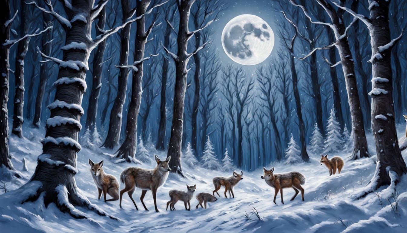 Winter Forest with Moon and Stars in Impasto