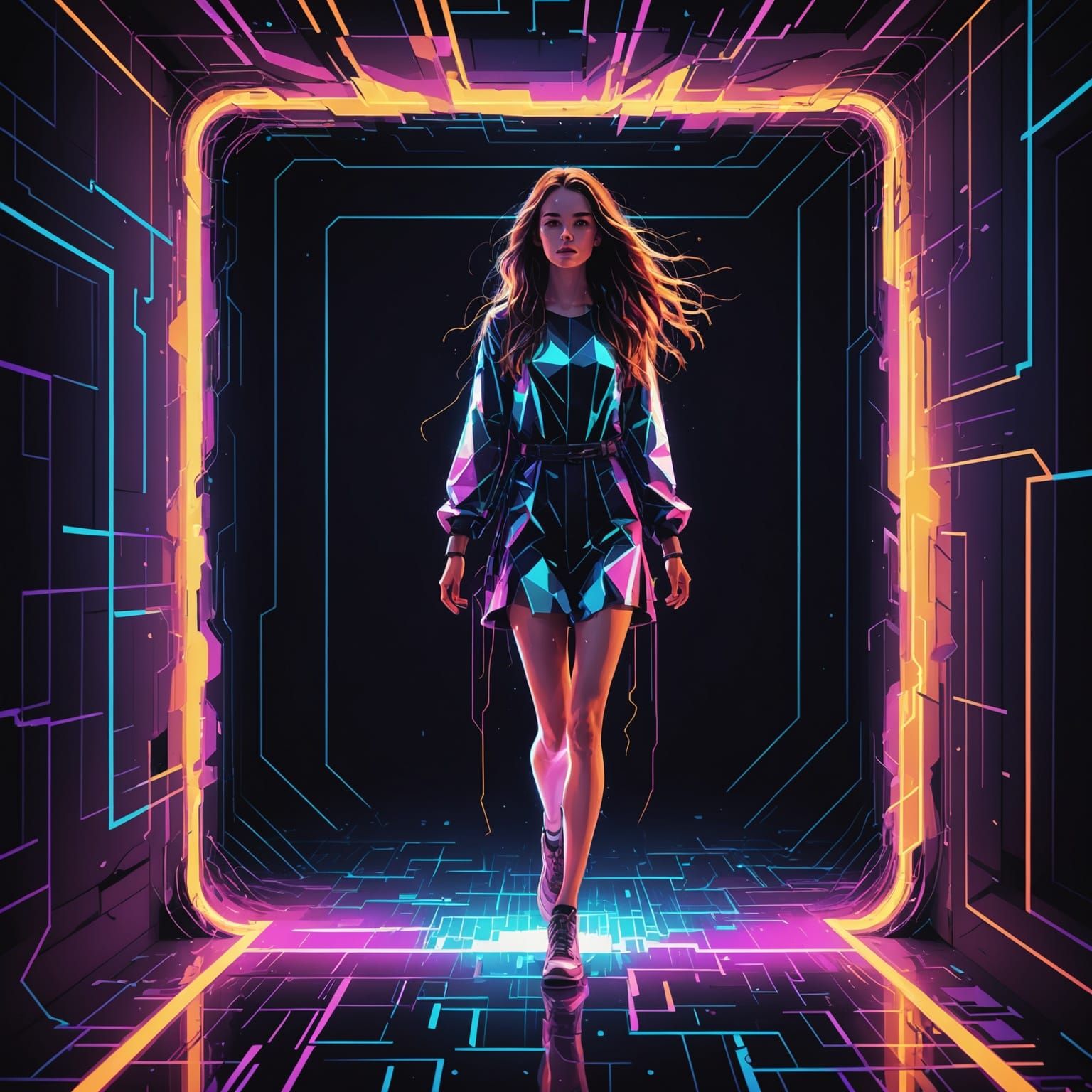 Woman Emerging from Glitch Portal in Cyberpunk Style