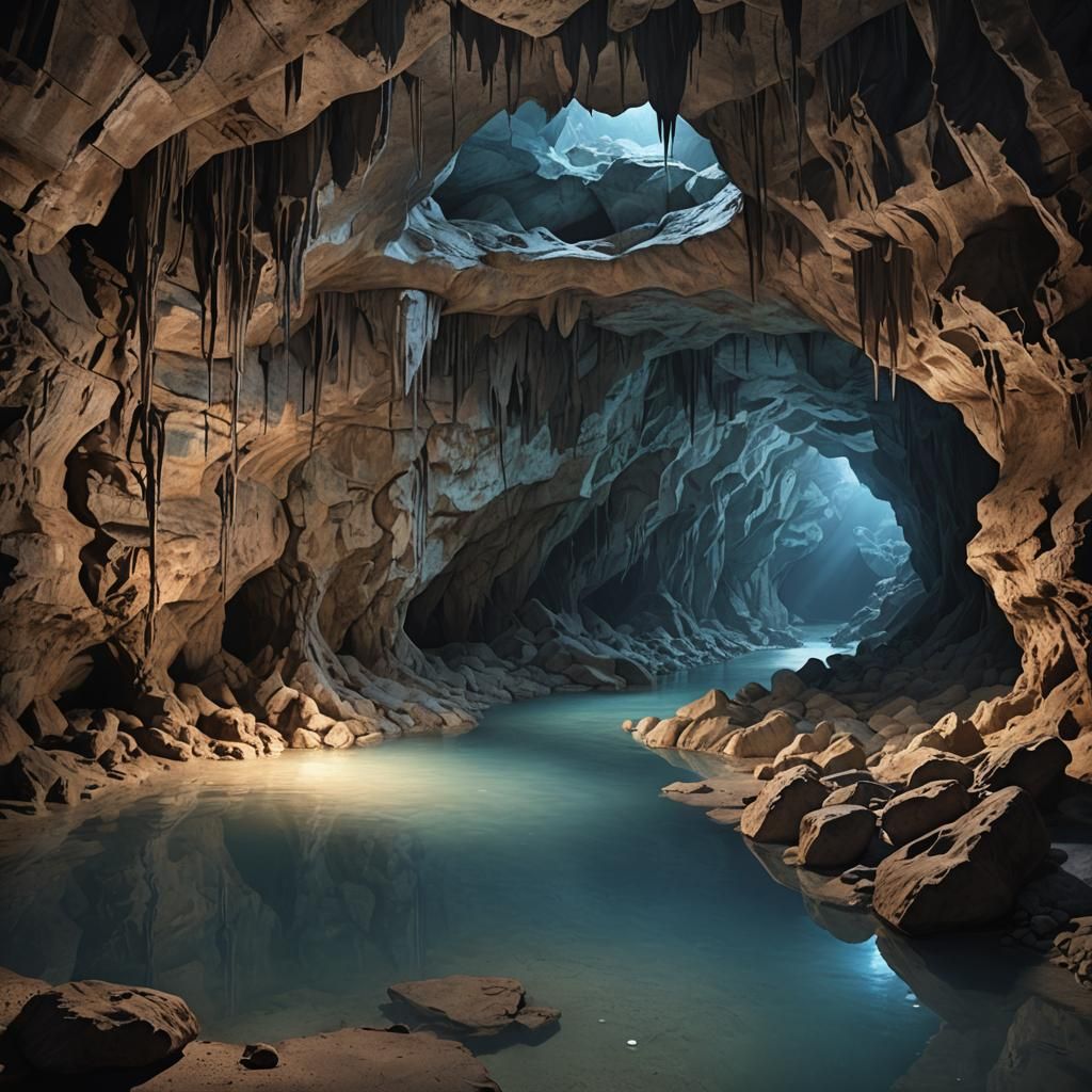 Photorealistic Blue Underground River in Vast Cavern
