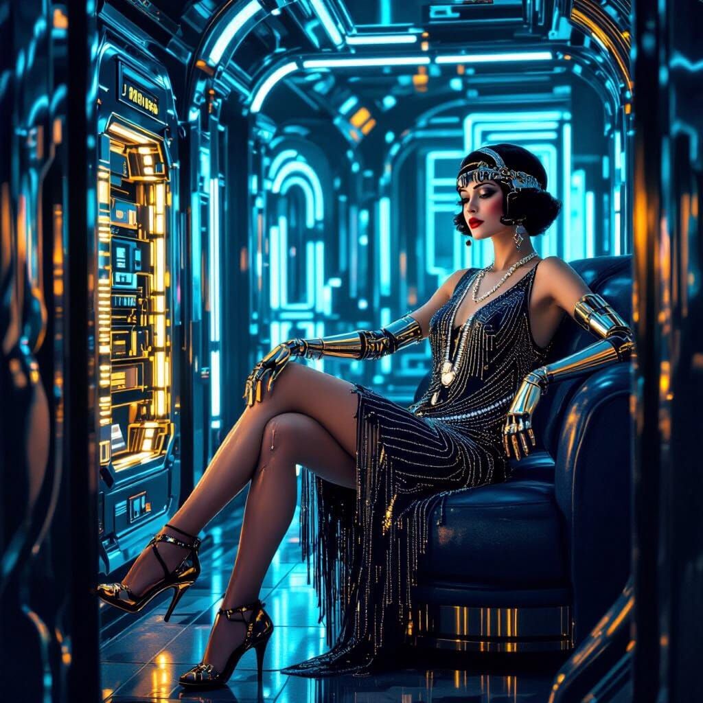 Cyborg Flapper in Art Deco Server Room